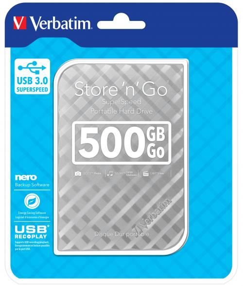 HDD extern Verbatim Store 'n' Go 53196, 500GB, 2.5", USB 3.0, 5400rpm, Silver