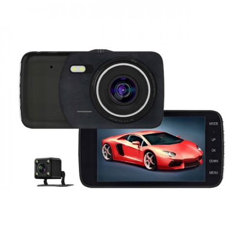 Camera auto DVR dubla Novatek T900, 12MP, inregistrare FullHD@30fps, 170gr A+ lens, display LED IPS  4", case metalic, se livreaza cu camera dorsala VGA, negru