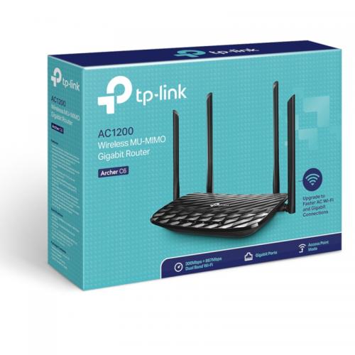 Router wireless TP-LINK Archer C6, AC1200 Wireless MU-MIMO Gigabit router, 4 antene, Black
